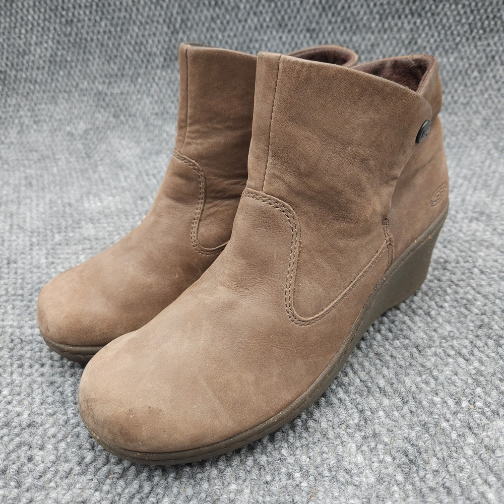 KEEN Akita (Women's 8) Ankle Boots Brown Wedge Side Button Nubuck Leather Bootie